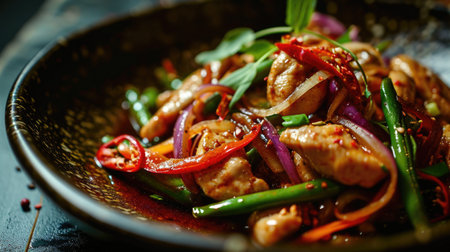 Roast chicken with vegetables in a dark plate on a dark dark background.の素材