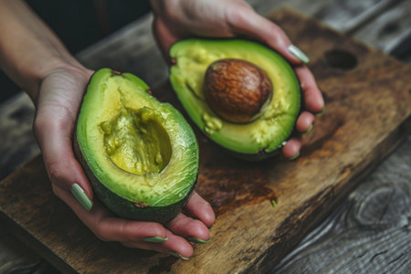 Close-up of a woman holding a fresh ripe avocado, top view.の素材