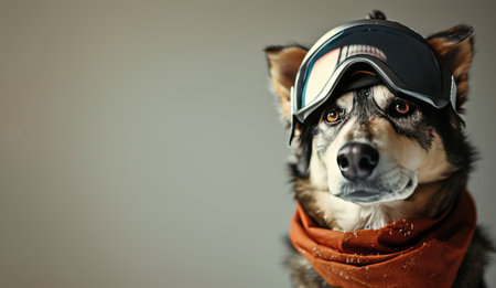 Close-up portrait of a dog wearing ski goggles and a hat.の素材