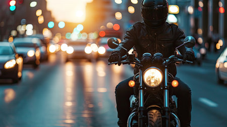 A motorcyclist rides around the city on a black motorcycle.の素材