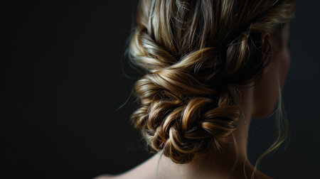 Beautiful women's hairstyle, styling. On a dark background. Back view.の素材