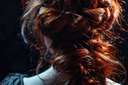 Beautiful women's hairstyle, styling. On a dark background. Back view.の素材