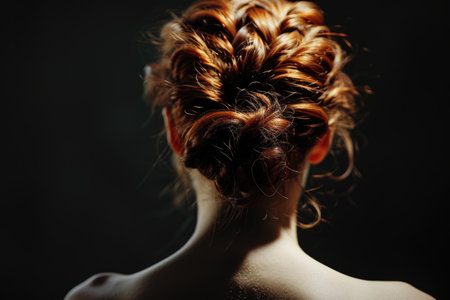 Beautiful women's hairstyle, styling. On a dark background. Back view.の素材