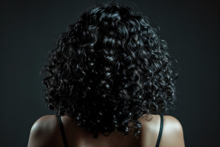 Young woman with beautiful curly hair on dark backgroundの素材