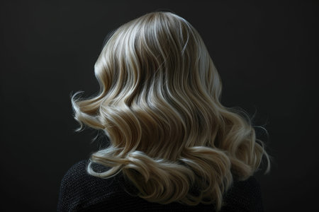 Young blonde woman with beautiful hair on a dark background, rear view.の素材