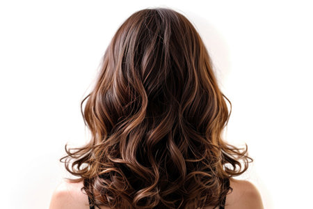 Back view of a brunette woman with long brown curly hairの素材
