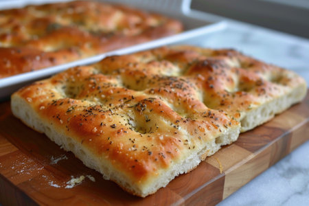Italian focaccia bread with rosemary, garlic and tomatoesの素材