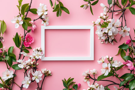Flowers around a white frame on pink. March 8th day conceptの素材