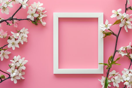 Flowers around a white frame on pink. March 8th day conceptの素材
