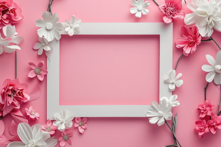 Flowers around a white frame on pink. March 8th day conceptの素材