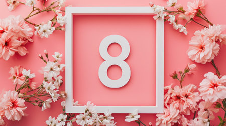 Flowers around a white frame on pink. March 8th day conceptの素材