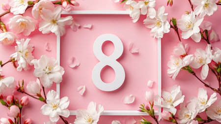 Flowers around a white frame on pink. March 8th day conceptの素材