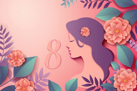 Happy Women's Day. Postcard for March 8. Silhouettes of girls in flowersの素材