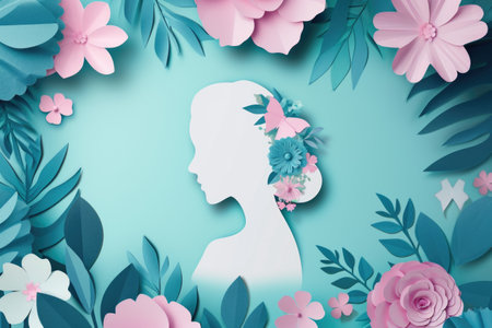 Happy Women's Day. Postcard for March 8. Silhouettes of girls in flowersの素材