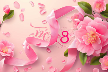 Happy women's day background with ribbon, pink flowers on pink backgroundの素材