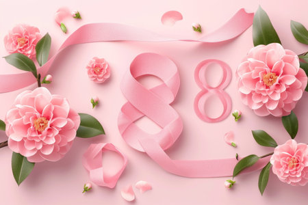 Happy women's day background with ribbon, pink flowers on pink backgroundの素材