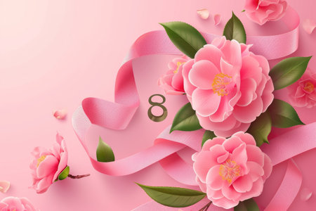 Happy women's day background with ribbon, pink flowers on pink backgroundの素材