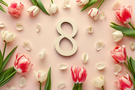 Number 8 and tulips. View from above. Copy space for text. Holidays concept.の素材