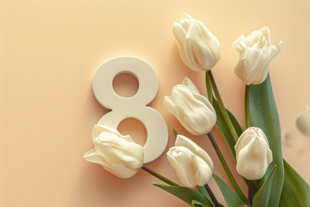 Number 8 and tulips. View from above. Copy space for text. Holidays concept.の素材
