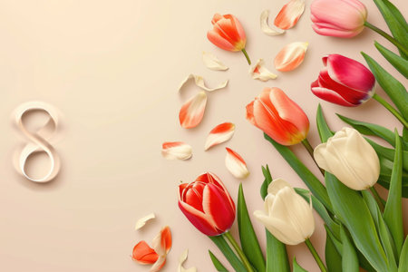Number 8 and tulips. View from above. Copy space for text. Holidays concept.の素材