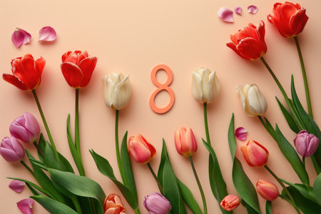 Number 8 and tulips. View from above. Copy space for text. Holidays concept.の素材