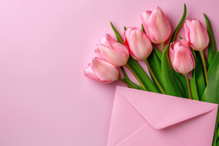 Mother's Day concept. Photo of a bouquet of pink tulips and an envelopeの素材