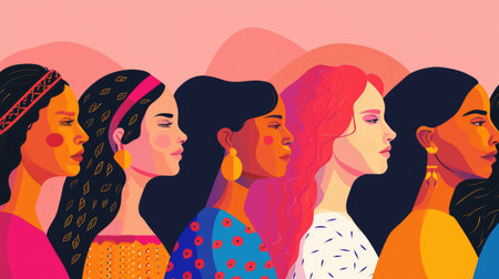 Flat banner for International Women's Day, women of different nationalities standing together on a pink background.の素材