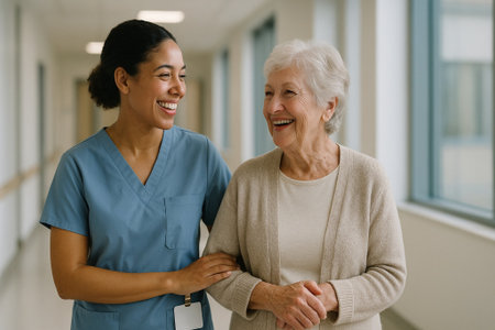 Portrait of smiling nurse and senior patient standing in corridor at hospitalの素材