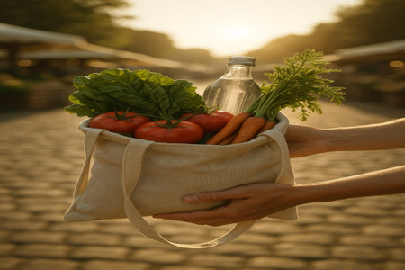 Hands holding bag full of fresh vegetables and water bottle in sunset lightの素材