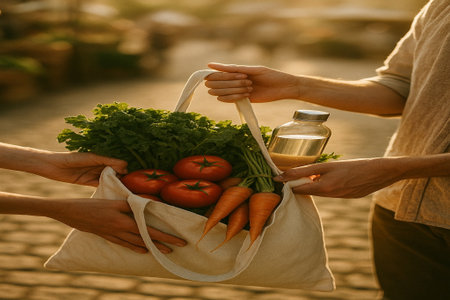 Hands of couple with eco bag full of fresh vegetables, outdoorsの素材