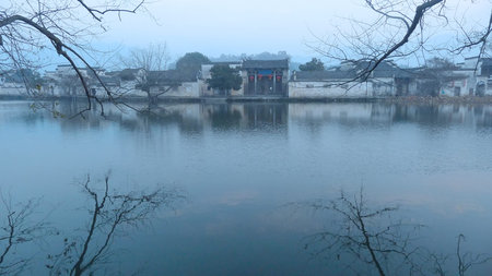 Buildings by the lake landscape viewの写真素材