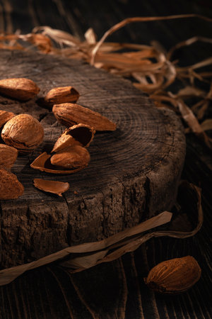 Almonds on wooden backgroundの写真素材