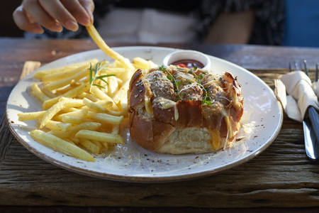 cheese toast with french fries.の写真素材