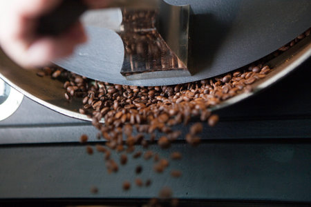 coffee beans dropping out of roaster