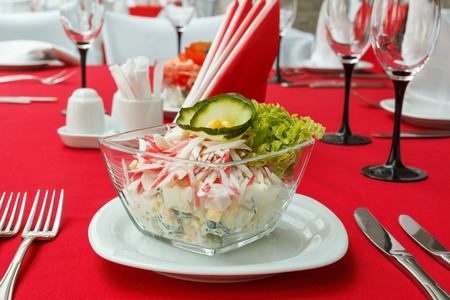 Salad with crab meat, corn and fresh vegetablesの写真素材