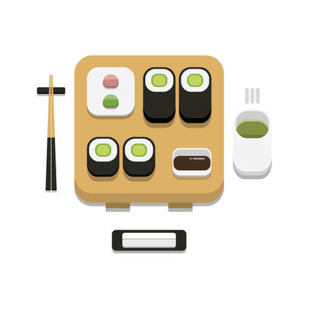 3D flat design style Japanese food : Sushi set of Cucumber or kyuri maki roll with soy sauce wasabi ginger chopstick hot towel and hot green tea icon isolated on white background illustration in vectorのイラスト素材