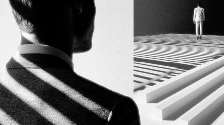 Businessman standing in front of a white wall and shadows from the windowの素材