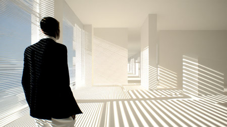 Businessman looking at the white room with window and sunlight. 3D Renderingの素材