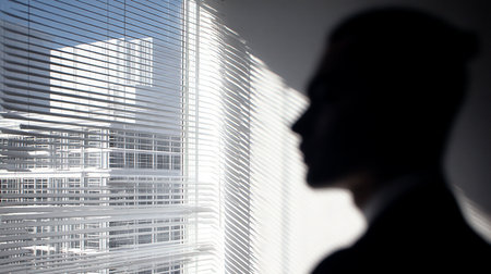 Silhouette of a businessman looking through the blinds in the officeの素材
