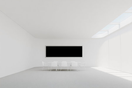 Interior of modern meeting room with white walls, concrete floor, long white armchairs and TV. 3d renderingの素材