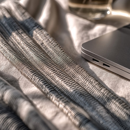 Close up of a smartphone and a blanket on a table with a glass of whiskeyの素材