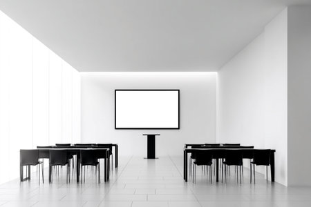 Interior of modern meeting room with white walls, tiled floor, long black wooden table with black chairs and blank white mock up poster. 3d renderingの素材