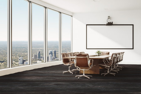 Contemporary meeting room interior with panoramic city view, furniture and blank poster. Mock up, 3D renderingの素材