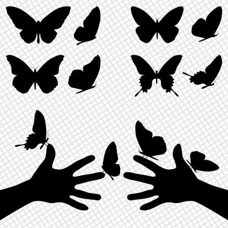 Collection silhouettes of a butterflies. Sitting on the handsのイラスト素材