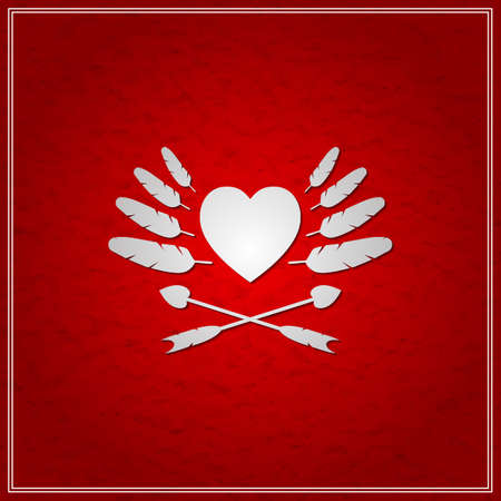 Icon of valentine's day with heart, feathers and arrows on red crumpled backgroundのイラスト素材