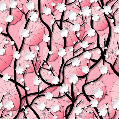 Tree of sakura with flowers above umbrellas. Infinitely curly branches. Oriental style. Top view. Poster to anciept Hanami festival. Walking. Seamless pattern with pink backgroundのイラスト素材