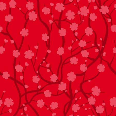 Tree of sakura with flowers. Infinitely curly branches. Oriental style. Seamless pattern with red backgroundのイラスト素材