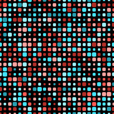 Red and blue squares of different sizes. Black background. Seamless patternのイラスト素材