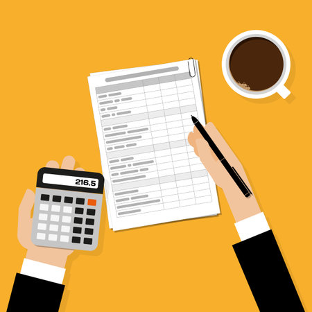 Financial calculations. Working process with cup of coffee. Top viewのイラスト素材