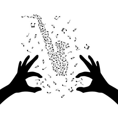 Silhouette of hands are creating the saxophone by note clef. Music poster. Magic of music. Live nusic. Mastermind-conductorのイラスト素材